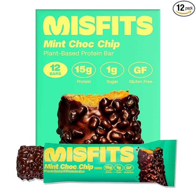 Misfits Vegan Protein Bars - Mint Chocolate Chip | Nutrition Bars - 15g Protein, 1g Sugar, Plant-based, Low Carb, Non-GMO, Gluten Free Snacks | Pack of 12