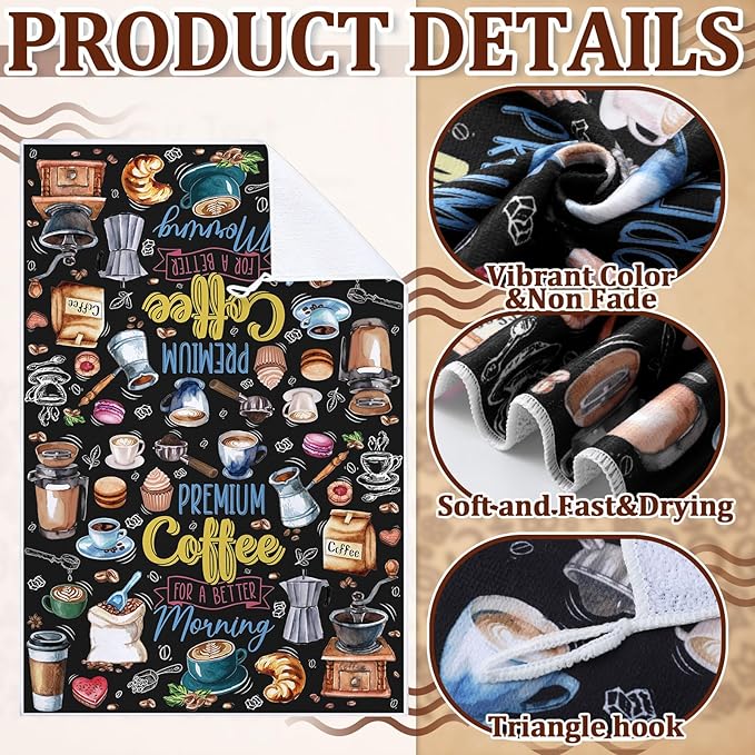 Ferraycle 4 Pieces Kitchen Dish Cloths Coffee Kitchen Hand Towels Absorbent Tea Towels 24 x 16 Inches, Cafe Lover Gift Bar Decorative Dish Cloths Rags, for Farmhouse(Black,Coffee Time)