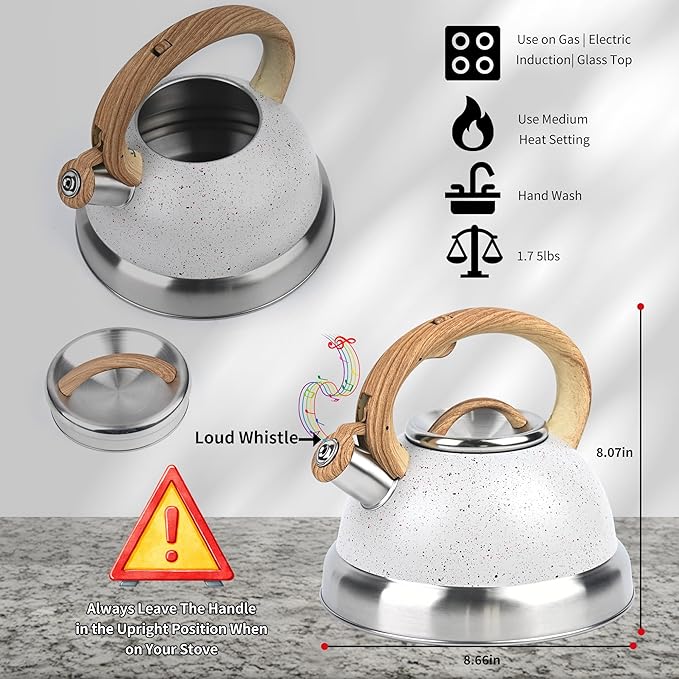 3 Quart Stainless Steel Whistling Tea Kettle – Natural Stone Finish Teapot with Cool-Touch Wood Handle, Loud Whistle & Rust-Resistant Base(white)