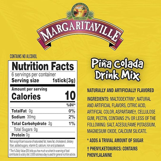 Margaritaville Singles To Go Water Drink Mix - Pina Colada Flavored, Non-Alcoholic Powder Sticks 6 CT, 0.70 Ounce (Pack of 4)