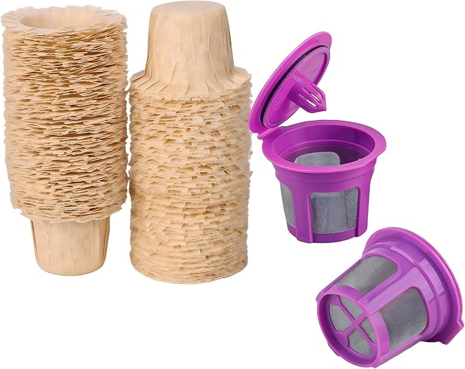 100 Count Natural Disposable Paper Coffee Filters with 2 Reusable K Cups Compatible with Keurig Brewers Single Serve 1.0 and 2.0