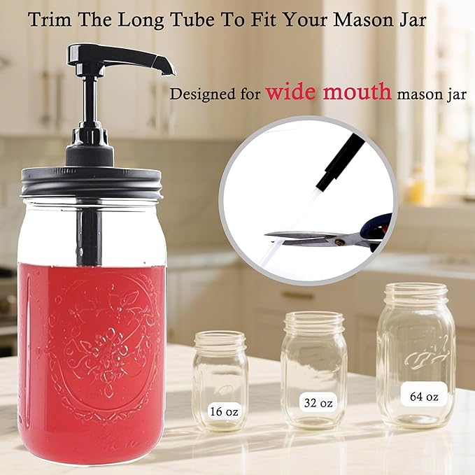 Mason Jar Syrup Sauce Dispenser Pump Lid For Wide Mouth MasonCoffee Syrup Condiment Honey Pump Top Lid Food Grade Airtight & Leak 4 pcs (Jar Not Included)