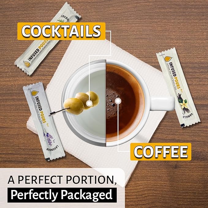 Single Serving Syrup Packets, Variety Pack, for Coffee and Cocktails - Flavors (10 Each): Vanilla, Caramel, Hazelnut - 6mL Each, 30 Count - Bag of Syrups by Infused Pours