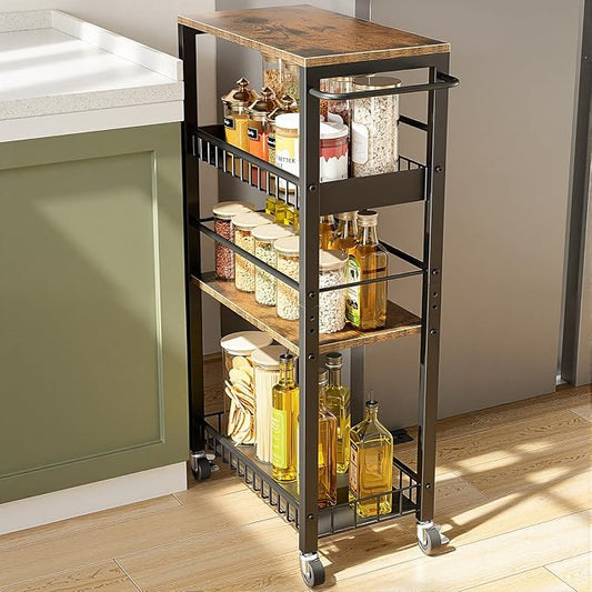 Slim Storage Rolling Cart, 4 Tier Narrow Cart with Wheels, Metal Kitchen Rolling Cart for Small Spaces, Slide Out Storage Shelves for Kitchen, Laundry Room, Bathroom, Living Room, 9.1in(W)