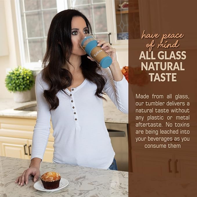 Tupkee Double Wall All Glass Tumbler - 14-Ounce, Reusable Insulated Tea/Coffee Mug & Lid, Hand Blown Glass Travel Mug - Niagara - 2 Pack