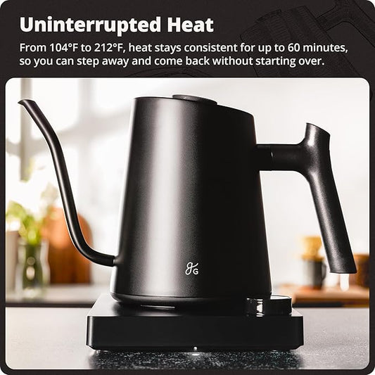 Greater Goods Electric Gooseneck Kettle, 1200W Stainless Steel with Precision Temperature Control, Fast Boil, BPA-Free, Ideal for Pour Over Coffee and Tea, 0.8L (Onyx Black)