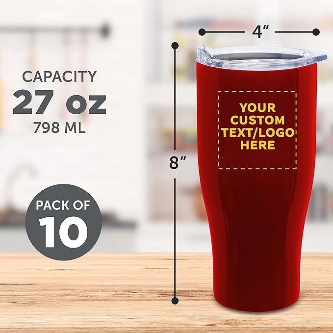Custom Stainless Steel Grip Travel Mugs 27 oz. Set of 10, Personalized Bulk Pack - Perfect for Coffee, Soda, Other Hot & Cold Beverages - Red