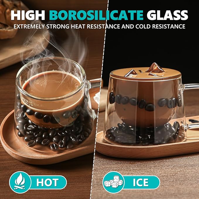 Double Walled Glass Coffee Mugs, Floating Coffee Bean Illusion Cups with Handle, 200ml Borosilicate Glass Mugs Insulated for Hot/Cold Beverages -Espresso, Tea, Latte,Cappuccino, Set of 2