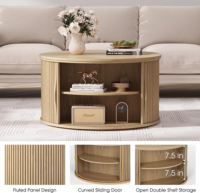 31.5" Round Lift Top Coffee Table,Natural Oak Modern Fluted Drum Center Table with Hidden Storage, Japandi Scandi Wood Circle Desk for Boho Living Room & Apartment