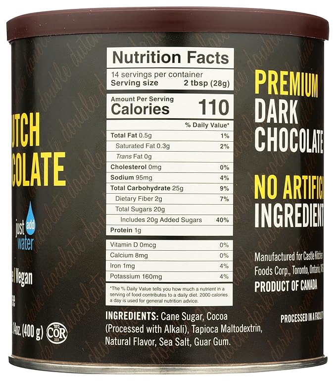 Castle Kitchen Double Decadent Dark Chocolate Hot Cocoa Mix-Dairy-Free, Vegan, Plant Based, Gluten-Free, Non-GMO Project Verified, Kosher Hot Chocolate-Just Add Water-14 oz Tin