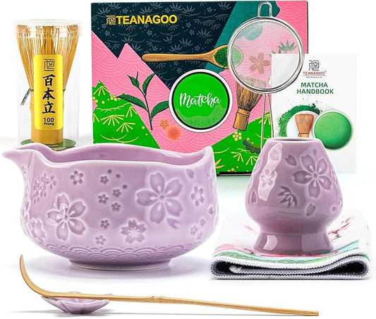 TEANAGOO 7-PCS Purple Matcha Whisk Set with Cherry Blossom Design, Complete Ceremony Kit, Ceramic Chawan Bowl with Spout, Whisk & Accessories, Traditional Matcha Tea Set for Lattes& Gift Giving