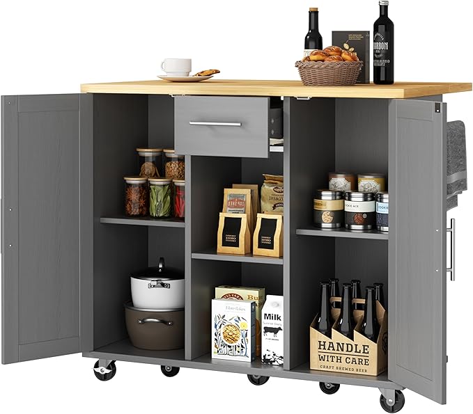 JY QAQA 42" Kitchen Island with Storage on Wheels, Rolling Table with Drop Leaf, Drawers, Cart Handle for Towel Rack or Free Movement, Gray