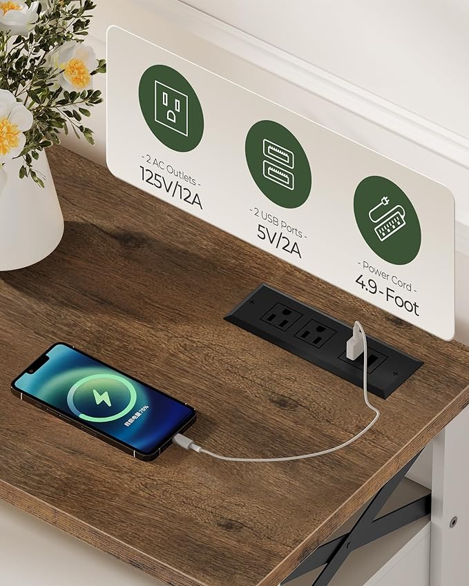Console Table, Farmhouse Sofa Table with Power Outlet, Coffee Bar Cabinet with Storage, Entryway Table, Coffee Bar Table, for Entrance, Hallway, Kitchen, White and Walnut MXG01UWL