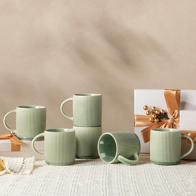 GBhome Coffee Mugs Set for 6, 12oz Coffee Cups with Handle for Man,Woman,Dad,Mom, Stoneware Mugs Sets for Coffee, Latte,Tea, Hot Cocoa, Milk, Dishwasher&Microwave Safe,Light Green