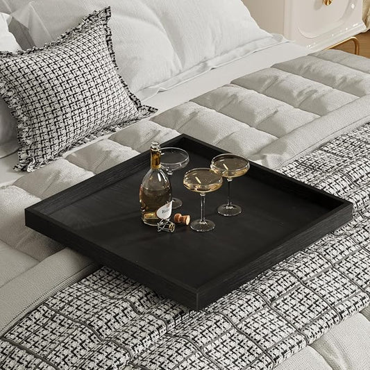Ottoman Tray for Coffee Table Living Room Wood Serving Tray Large Wooden Square 24 Inches Black