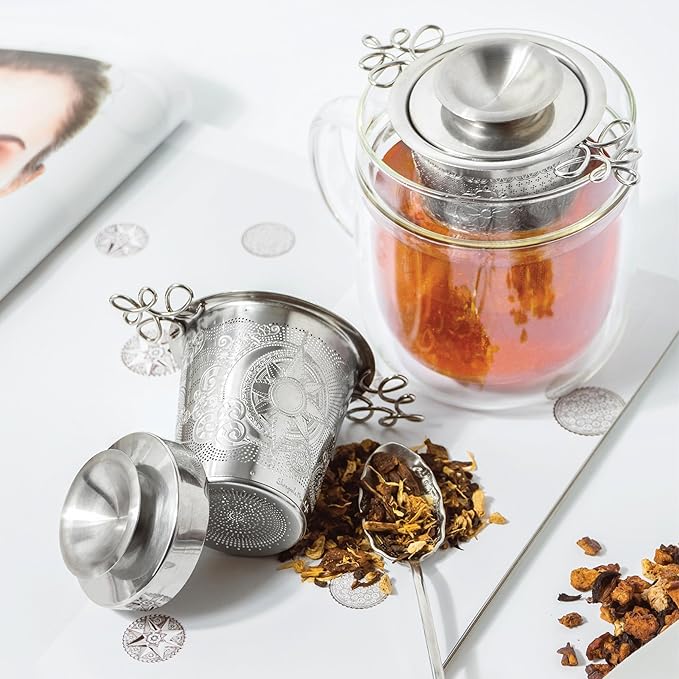 Stainless Steel Tea Infuser Basket - Engraved Floral Strainer with Crystal Chain, Fine Mesh Filter for Loose Leaf Tea, Ergonomic Handle & Gift Box