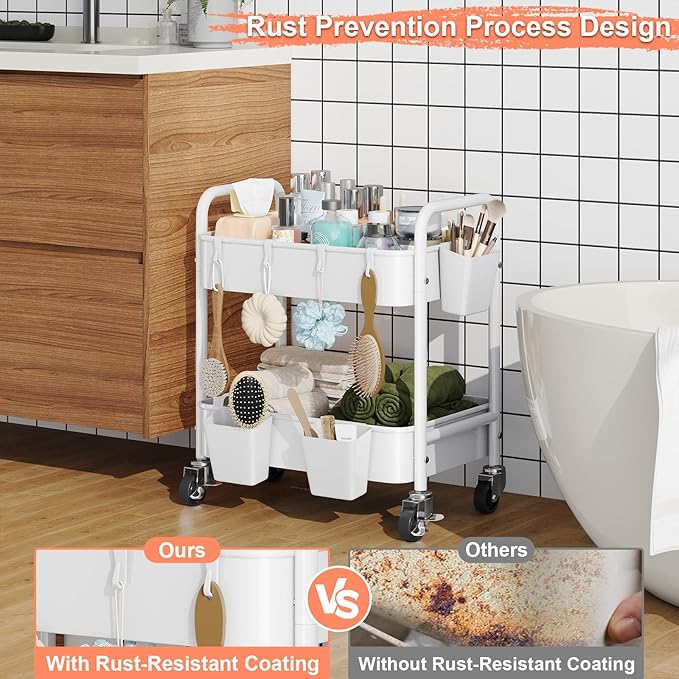 2 Tier Small Rolling Metal Cart with Wheels, White Under Desk Storage Cart on Wheels, Short Utility Roller Carts Organizer for Pantry, Bathroom, Kitchen,Office, Two Tiered Mobile Storage Shelf Trolley