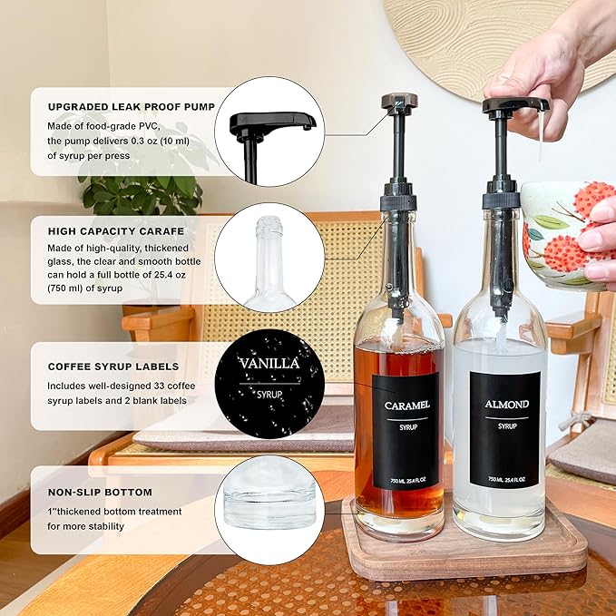HCYWOC Coffee Syrup Dispenser, 25.4oz 750ml Glass Syrup Bottles, 4 Pack Syrup Dispenser for Coffee Bar With Large Leakproof Syrup Pump, 38 Labels, 120ml Espresso Cups