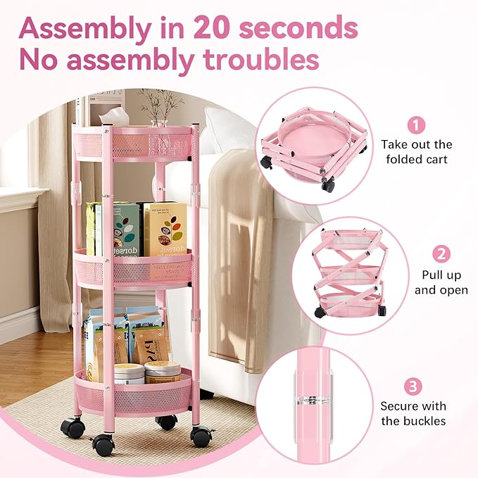 TOOLF 3-Tier Foldable Metal Storage Rolling Cart, Collapsible Utility Cart, No Assemble, Multifunction Organizer Trolley with Lockable Wheels for Kitchen, Living Room, Bathroom, Pink