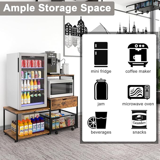 PUNCIA Mini Fridge Stand with Storage, Coffee Bar Cabinet with Power Outlet and Drawer — Beverage Refrigerator Table, Microwave Oven Stand with Rolling Basket for Home, Dorm, Apartment, Pantry