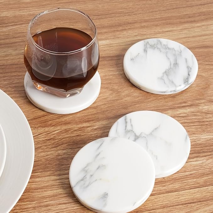 BCS Marble Coasters Set of 6 with Holder - Premium White Stone Drink Coasters, Durable Cup Mats for Coffee, Beer, Wine - Non-Slip Modern Table Decor for Home, Office, Dining