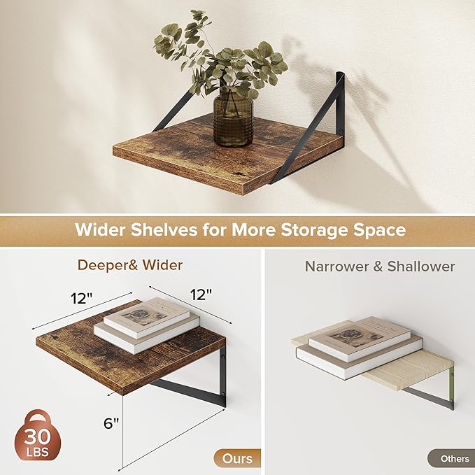 Deep Floating Shelves Wall Mounted, 12"x12" Brown Wood Shelves with Brackets Set of 2 for Bedroom, Living Room, Bathroom, Kitchen, Office - Storage & Display Shelf for Decor, Books, Plants