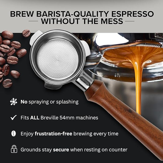 54mm Bottomless Portafilter – Compatible with Breville Espresso Machines – Portafilter 54mm with Ergonomic Rosewood Handle + 18g Basket | BREYIA