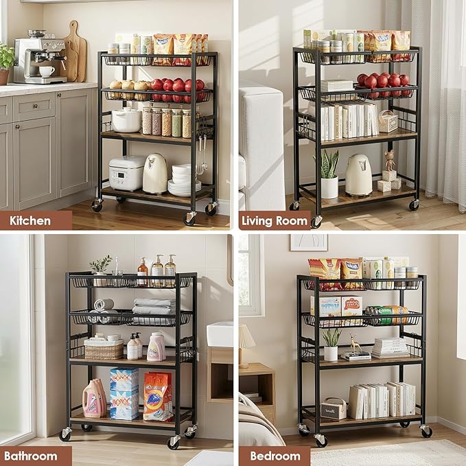 Fruit Vegetable Storage Cart, 4-Tier Rolling Kitchen Storage Cart, Fruit & Vegetables Basket Stand, Snack Organizer Shelf Unit for Kitchen, Bathroom, Living Room, Office, Balcony, Black