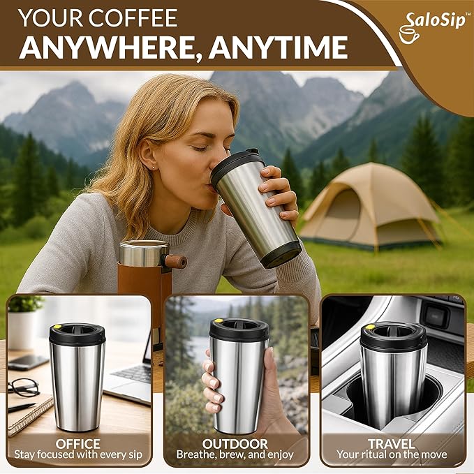 4‑in‑1 Portable 100% Manual Pour Over Coffee Maker Kit with Built‑In Grinder for Travel & Camping, No Batteries, No Cables, No Pods, Stainless Steel Components