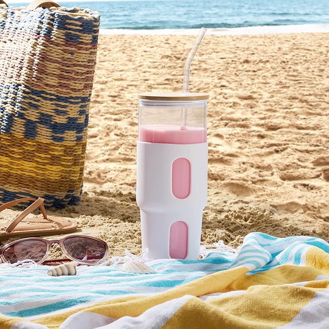 32oz Glass Tumbler with Straw & Bamboo Lid with Silicone Sleeve, Reusable Boba Smoothie Cup Iced Coffee Tumbler, Fits Cup Holder, Glass Water Bottle, BPA Free Beer Mug & Stein White.