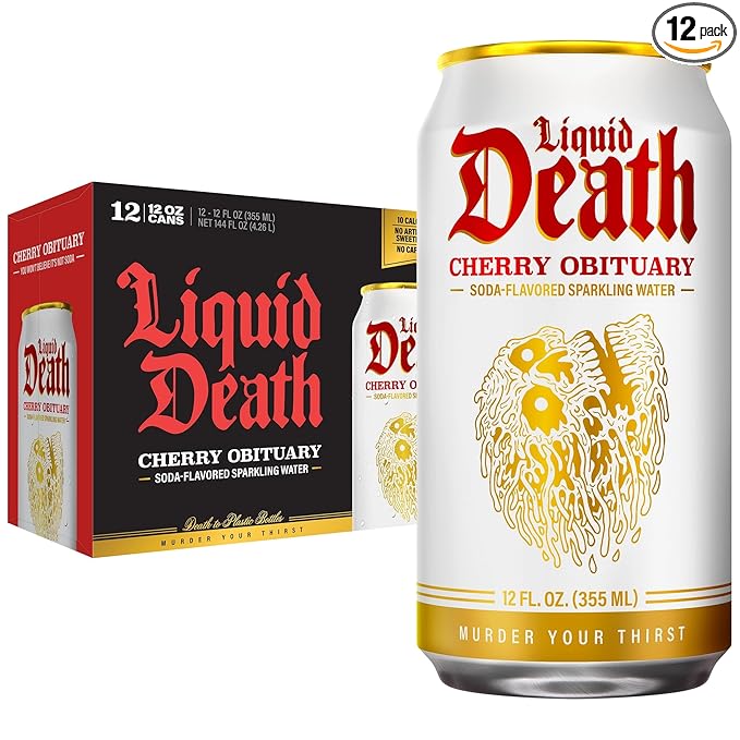 Liquid Death Soda-Flavored Sparkling Water - Cherry Obituary, Less Sugar*, Huge Flavor, No Caffeine, No Artificial Sweeteners, 12 Fl Oz (Pack of 12)