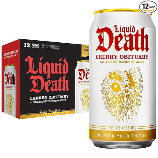 Liquid Death Soda-Flavored Sparkling Water - Cherry Obituary, Less Sugar*, Huge Flavor, No Caffeine, No Artificial Sweeteners, 12 Fl Oz (Pack of 12)