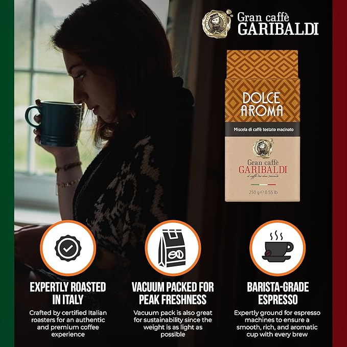 Gran Caffè Garibaldi Ground Espresso Coffee – Finely Ground for Espresso Machines & Cafe Brews – Premium Arabica Blend, Rich & Smooth Roast – Italian Roasted Coffee, 250g (Dolce Aroma)