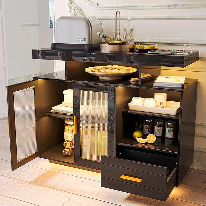 40" Wood LED Coffee Bar with Wireless Charging Station, Storage Coffee Bar Cabinet with 2 Doors and Shelves