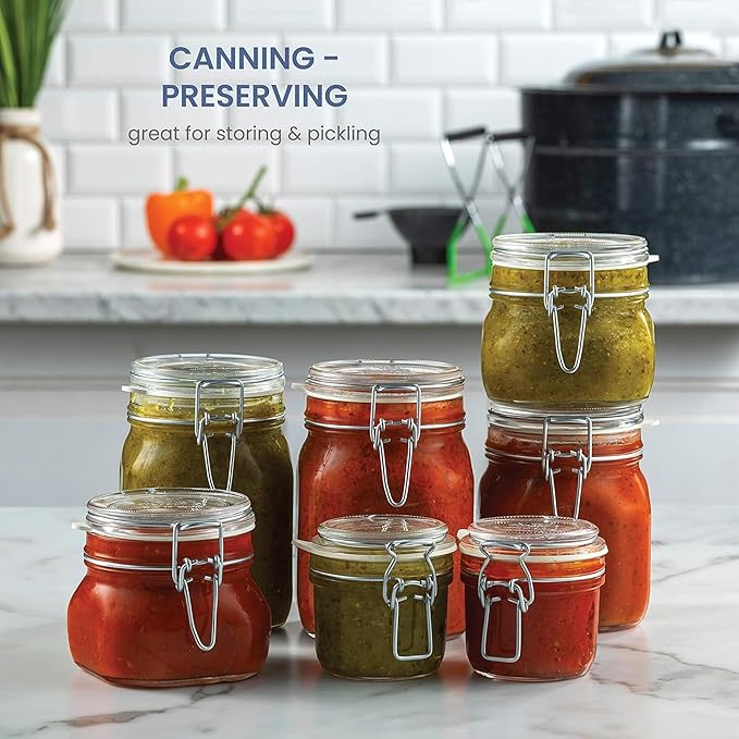 Bormioli Rocco Clear Glass Storage Jars: Airtight Hinged Lid With Leak Proof Gasket, Wide Mouth Canister Kitchen Food Container - For Zero Waste Air Tight Preserving Jam, Spices, Coffee, Sugar & Herbs