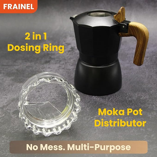 2-in-1 Moka Pot Dosing Ring & Coffee Distributor – Fits 4–6 Cup (300 ml) Moka Pots, Spill-Proof Powder Leveler & Clean Espresso Prep Tool