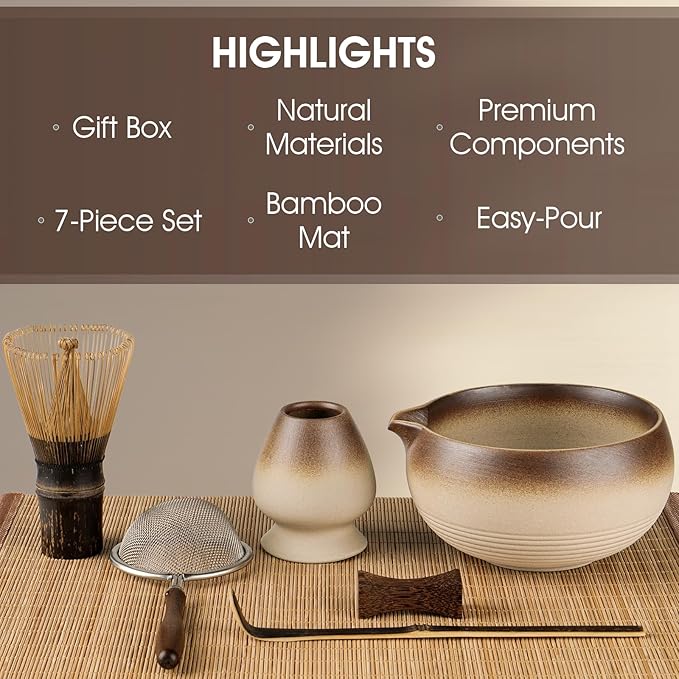 7-Piece Matcha Set with Matcha Bowl & Whisk – Complete Matcha Kit with Whisk Holder, Sifter, Scoop & Rest, Bamboo Tea Mat, Ideal Gift for Matcha Lovers