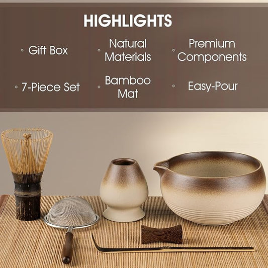 7-Piece Matcha Set with Matcha Bowl & Whisk – Complete Matcha Kit with Whisk Holder, Sifter, Scoop & Rest, Bamboo Tea Mat, Ideal Gift for Matcha Lovers