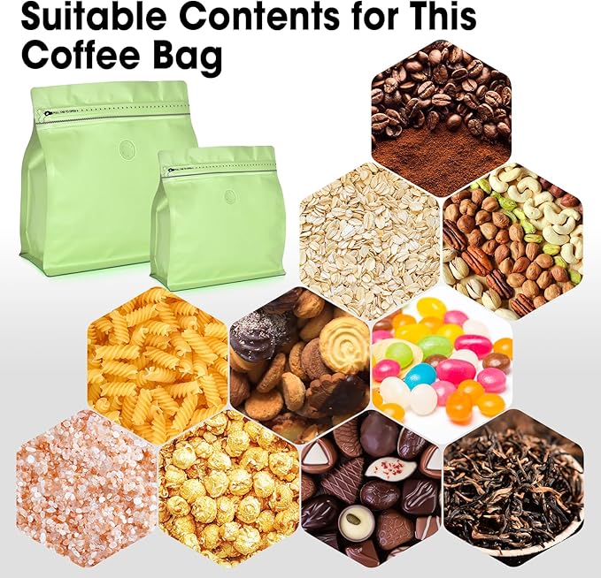 50 Count 8oz Coffee Bags with Valve,1/2 lb Vented Coffee Beans Packaging Bags High Barrier Aluminumed Foil Flat Bottom Heat Sealed Side Zipper Resealable Storage Bag for Home or Business（Green）