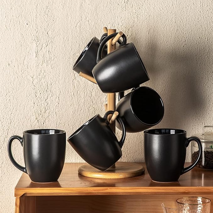 AmorArc 16oz Coffee Mugs Set of 6, Large Ceramic Coffee Mugs for Men Women Dad Mom, Modern Coffee Mugs with handle for Tea/Latte/Cappuccino/Cocoa. Dishwasher&Microwave Safe, Matte Black