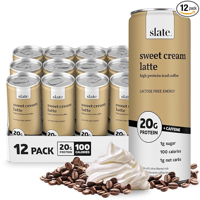 Slate Milk - High Protein Iced Coffee - Sweet Cream Latte - 175mg Caffeine, Lactose Free Energy - 20g Protein, 1g Sugar, 100 Calories, 1g Net Carbs, No Sugar Added - Protein Coffee - 11 fl oz, 12 Cans