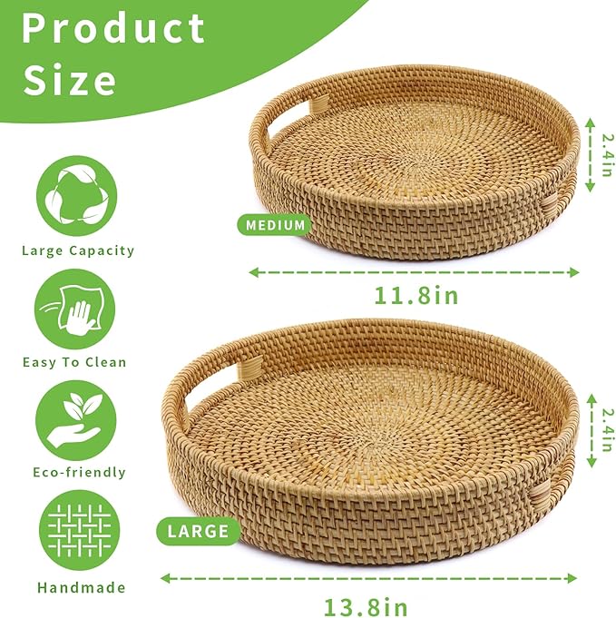 Handwoven Rattan Round Serving Tray, Natural Wicker Decorative Tray for Serving, Coffee Table, Home Boho Décor and Entertaining, Gift Idea Choice