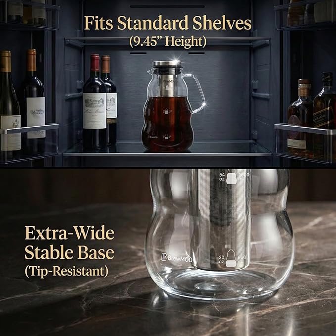 BrewMOO- Cold Brew Coffee Maker (2.0L/68Oz), Sleek Wave Borosilicate Glass Pitcher with Stainless Steel Filter, Airtight Lid + Wide Spout + Comfort Handle, Effortless Manual, Sophisticated Gift
