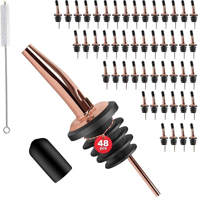 48 Pack Stainless Steel Bottle Pourers for Alcohol, Liquor, and Wine - Bar Accessories, Spouts for Bottles and Dispensers (rose gold)