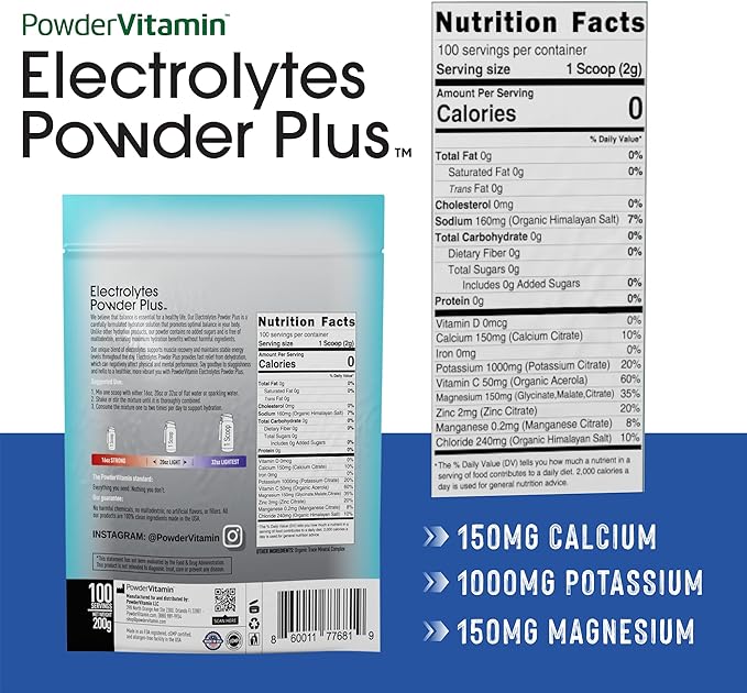 PowerVitamin Unflavored Electrolytes Powder No Sugar for Daily Energy - Keto Electrolytes - Hydration Powder with 1000mg Potassium, 120mg Calcium, Magnesium, No Stevia, 100 Servings