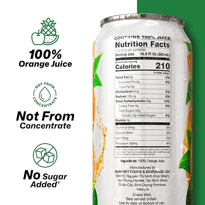 VINUT 100% Orange Juice, No Added Sugar, Never From Concentrate, 16.9 fl oz (500 mL) Can, Pack of 12