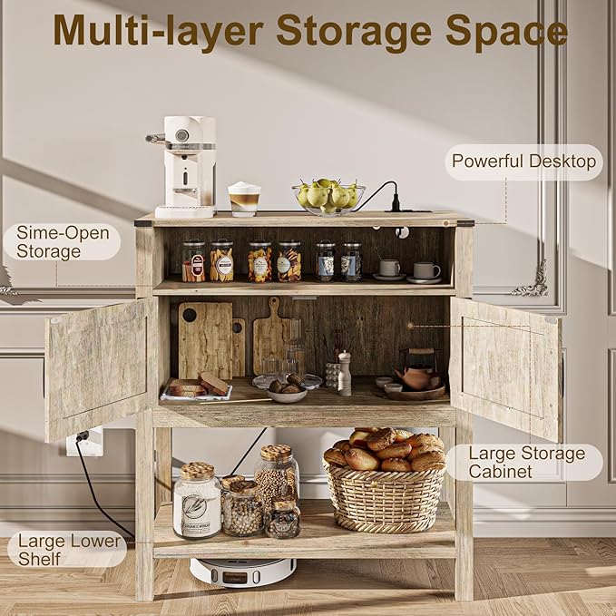 Console Table with Outlets, Farmhouse Coffee Bar Cabinet, 31.5 l x 13.8 D x 35.5 H, Entryway Table with Storage Cabinets for Living Room, Couch, Hallway, Foyer, Kitchen (Brown)
