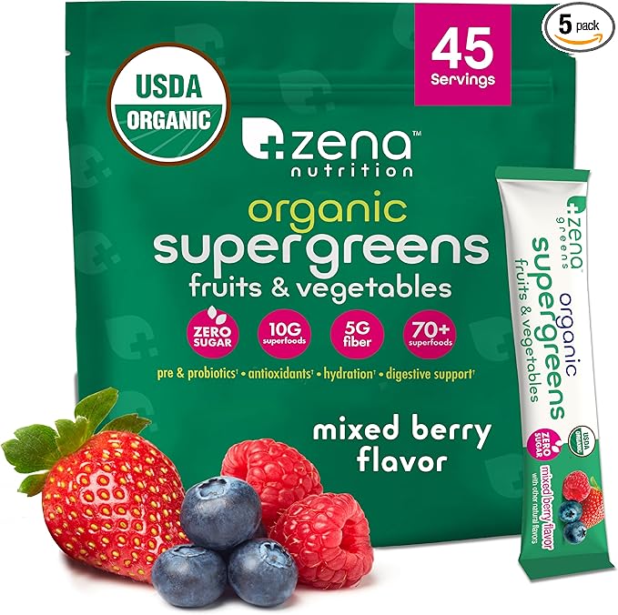 Zena Nutrition Organic Super Greens Powder, 70+ Superfoods, 0 Sugar, 5G Fiber, Spirulina, Chlorella, Antioxidants, Prebiotics/Probiotics, Digestive Enzymes, Mixed Berry, 45 Drink Mix Packets