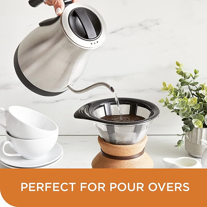 Chef'sChoice Electric Kettle Gooseneck Style Perfect for Pour-Overs Stainless Steel Construction 1200 Watts with Auto-Shutoff & Boil-Dry Protection, 1-Quart, Silver