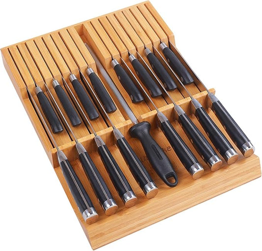 Utoplike In-drawer Knife Block Bamboo Kitchen Knife Drawer Organizer Large, Handle Steak knife Holder without Knives, Fit for 16 Knives and 1 Sharpening Steel (Knives & Sharpening Not Included)